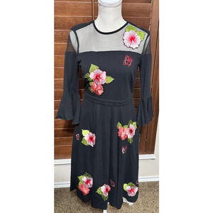eShakti Black Embroidered Dress Size 0 XS long sleeve mesh floral midi